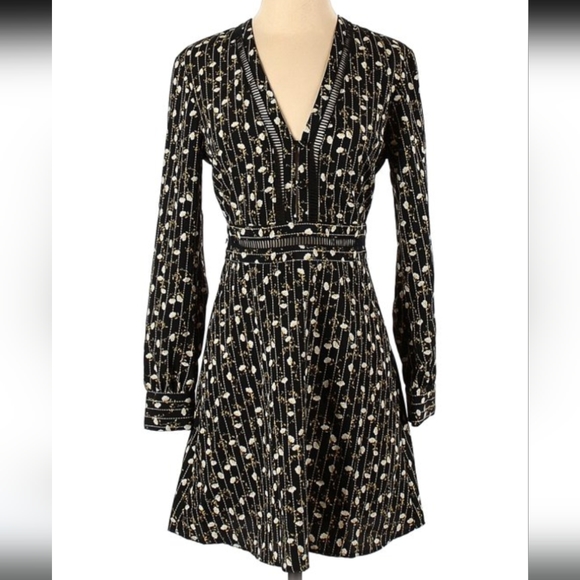 TOPSHOP Perforated Cutouts Vneck Long-sleeved Pinstripe Floral Dress 4 EUC - Picture 2 of 8